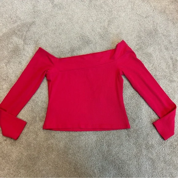 Guess Amelia Off Shoulder Fitted Ribbed Top In Fruit Punch Pink Sz L NWT - Picture 6 of 11